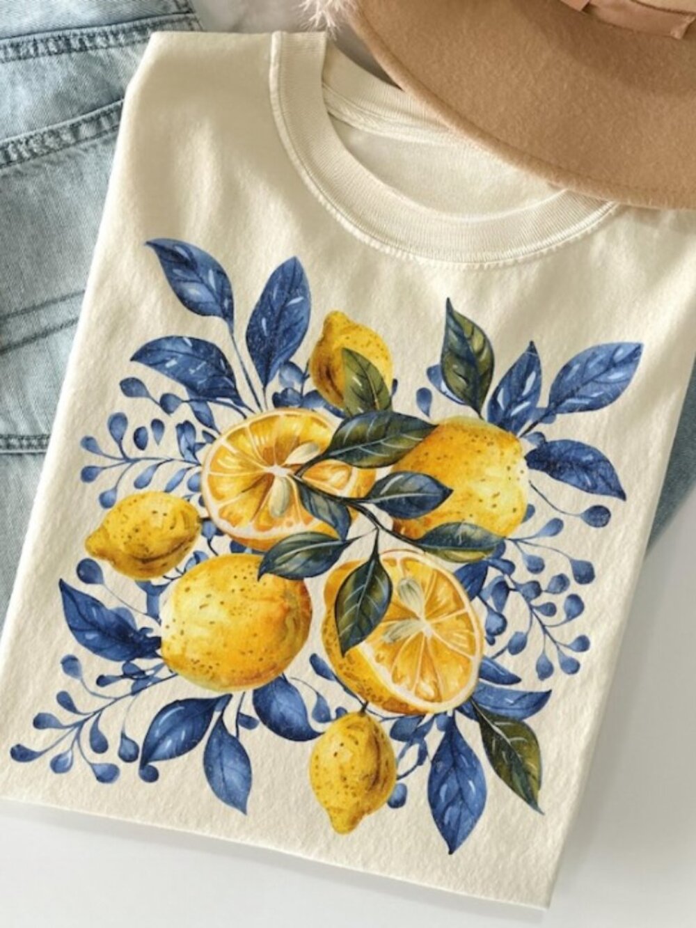 Blue Toile Citrus Botanical Shirt, Cottagecore Nature Shirt - Picture 1 of 3